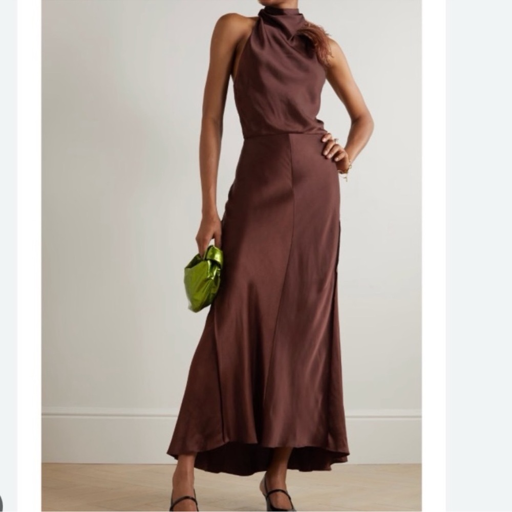 Vince feather trimmed satin draped maxi dress NWT